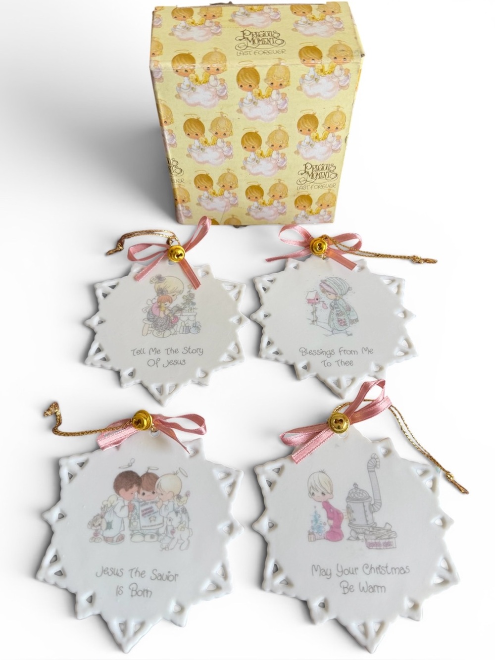 Vintage 1990 Precious Moments Enesco 4Pc Porcelain Snowflake Christmas Ornaments
